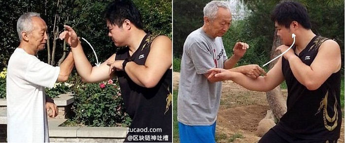 肘找肋,我的手转到他小臂上面、前面,稍微向外向前一切, 就“破门而入”,而且枪口正对着他