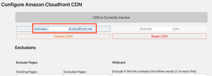 创建CloudFront分配,随后点击“Reload the page”链接,可以看到左侧显示出了已分配的CloudFront二级域名,点击该域名对应的“Active”按钮 创建CloudFront分配,随后点击“Reload the page”链接,可以看到左侧显示出了已分配的CloudFront二级域名,点击该域名对应的“Active”按钮