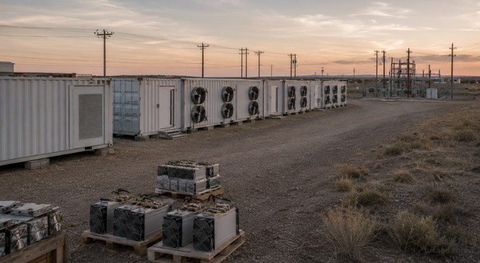 德州Pyote矿场实景：集装箱式矿机在West Texas日落下的废弃场景